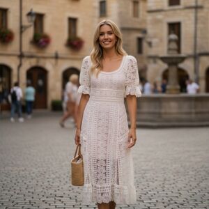 Self Portrait Scoop Neck Empire Waist Floral Lace Midi Dress Size 4 Ruffled